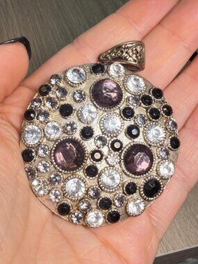Vintage Rhinestone Pendant Purple Black Clear Statement Charm 2.75"